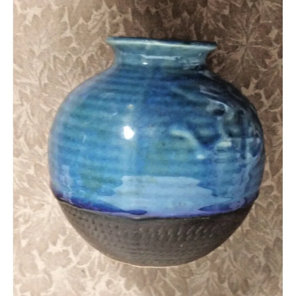Vietnamese Vase ceramic handcrafted crackle glaze blue brown embossed flower VTG